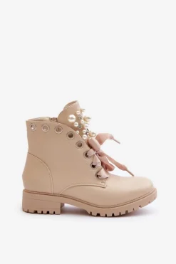 Damskie Boto Botki Z Perełkami Dżetami I Wstążką Beżowe Nudago