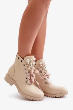 Damskie Boto Botki Z Perełkami Dżetami I Wstążką Beżowe Nudago