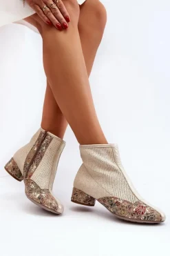 Damskie Maciejka Botki Z Plecionki Na Obcasie 04937-22 Jasnobeżowe