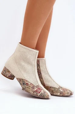 Damskie Maciejka Botki Z Plecionki Na Obcasie 04937-22 Jasnobeżowe