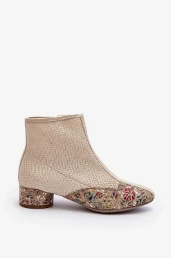 Damskie Maciejka Botki Z Plecionki Na Obcasie 04937-22 Jasnobeżowe