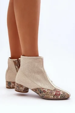 Damskie Maciejka Botki Z Plecionki Na Obcasie 04937-22 Jasnobeżowe
