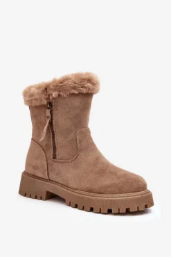 Best Evento Botki Zamszowe Damskie Z Futerkiem Beżowe Hasiva