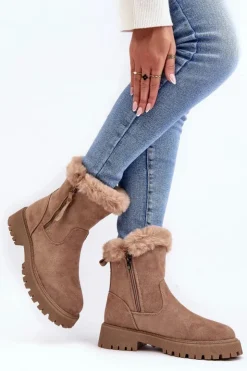 Best Evento Botki Zamszowe Damskie Z Futerkiem Beżowe Hasiva