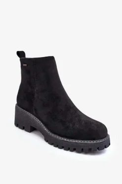 Damskie Boto Botki Zamszowe Na Płaskim Obcasie Ocieplane Czarne Neafgi