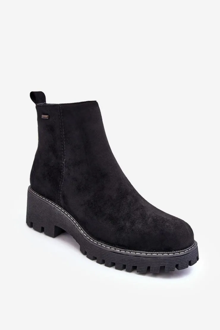 Damskie Boto Botki Zamszowe Na Płaskim Obcasie Ocieplane Czarne Neafgi