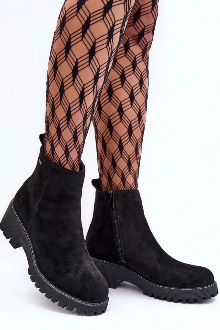 Damskie Boto Botki Zamszowe Na Płaskim Obcasie Ocieplane Czarne Neafgi