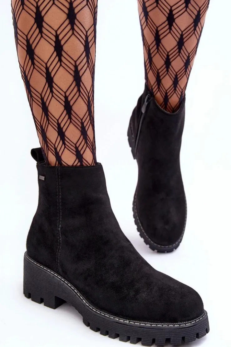 Damskie Boto Botki Zamszowe Na Płaskim Obcasie Ocieplane Czarne Neafgi