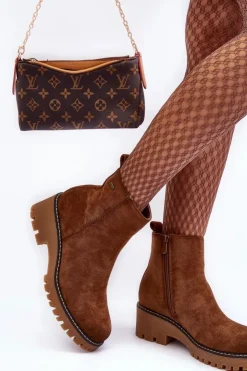 Boto Botki Zimowe Damskie|Brązowe I Beżowe Botki*Botki Zamszowe Na Płaskim Obcasie Ocieplane Brązowe Neafgi