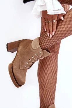 Damskie Boto Botki Zamszowe Sznurowane Na Słupku Beżowe Lemar Flomes