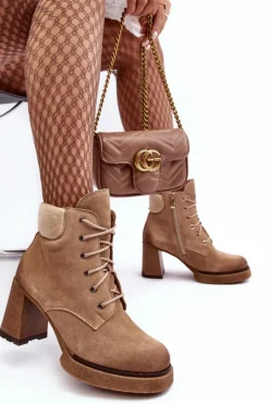 Damskie Boto Botki Zamszowe Sznurowane Na Słupku Beżowe Lemar Flomes