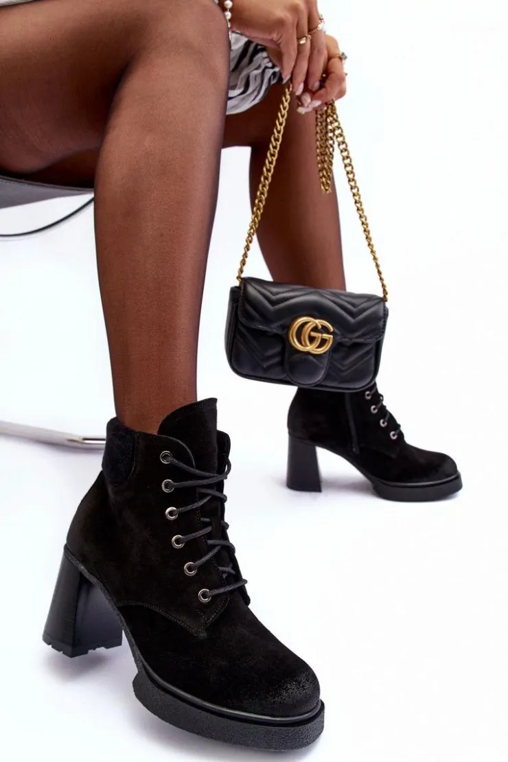 Boto Botki Ocieplane|Botki Skórzane*Botki Zamszowe Sznurowane Na Słupku Czarne Lemar Flomes Czarny