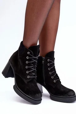 Boto Botki Ocieplane|Botki Skórzane*Botki Zamszowe Sznurowane Na Słupku Czarne Lemar Flomes Czarny