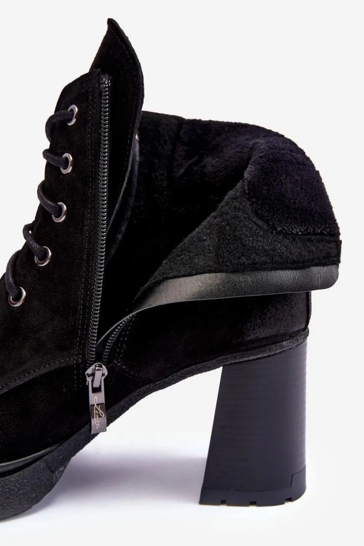 Boto Botki Ocieplane|Botki Skórzane*Botki Zamszowe Sznurowane Na Słupku Czarne Lemar Flomes Czarny