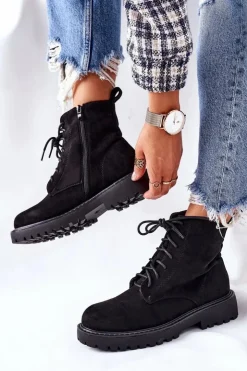 Damskie Boto Botki Zamszowe Zamek Czarne Belados