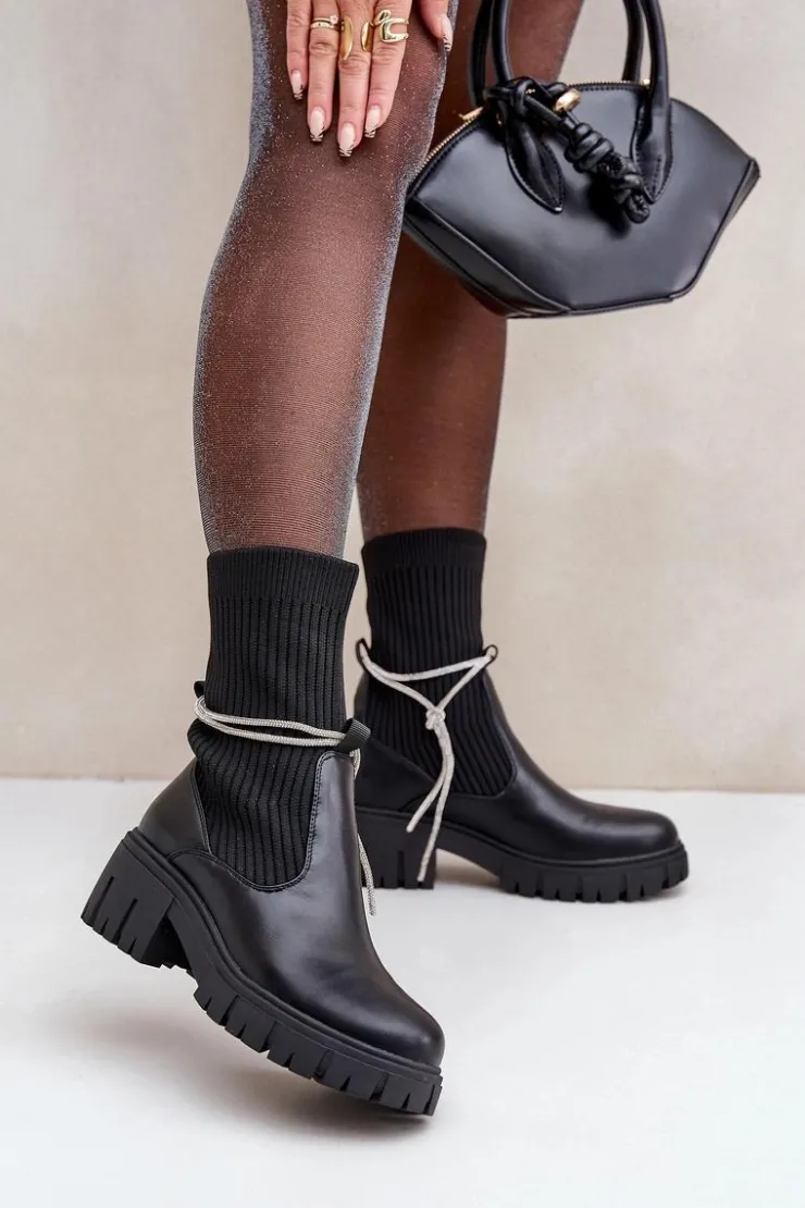 Damskie Boto Botki Ze Skarpetą I Błyszczącym Wiązaniem Czarne Dinarca