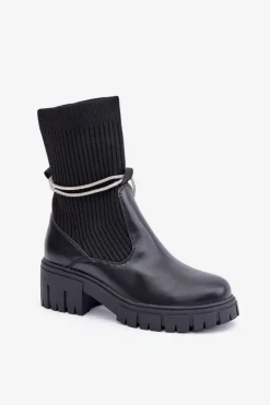 Damskie Boto Botki Ze Skarpetą I Błyszczącym Wiązaniem Czarne Dinarca