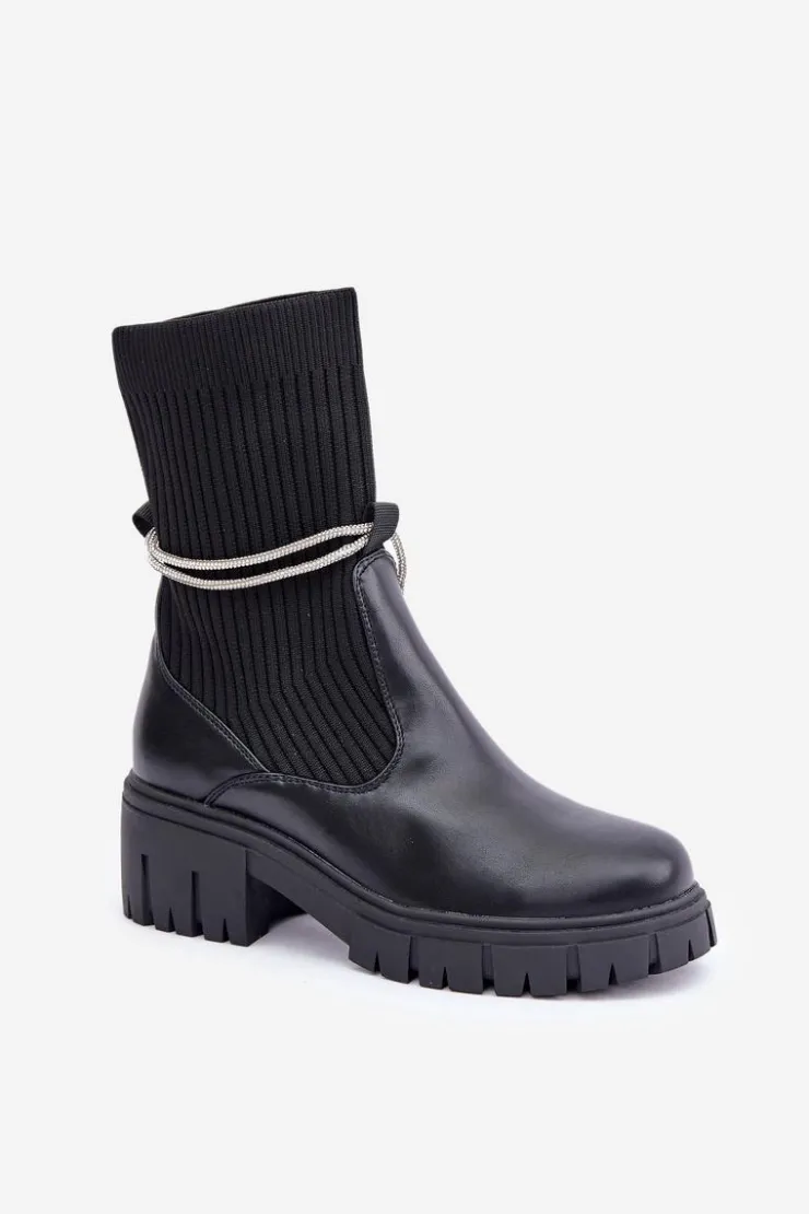Damskie Boto Botki Ze Skarpetą I Błyszczącym Wiązaniem Czarne Dinarca