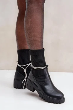 Damskie Boto Botki Ze Skarpetą I Błyszczącym Wiązaniem Czarne Dinarca