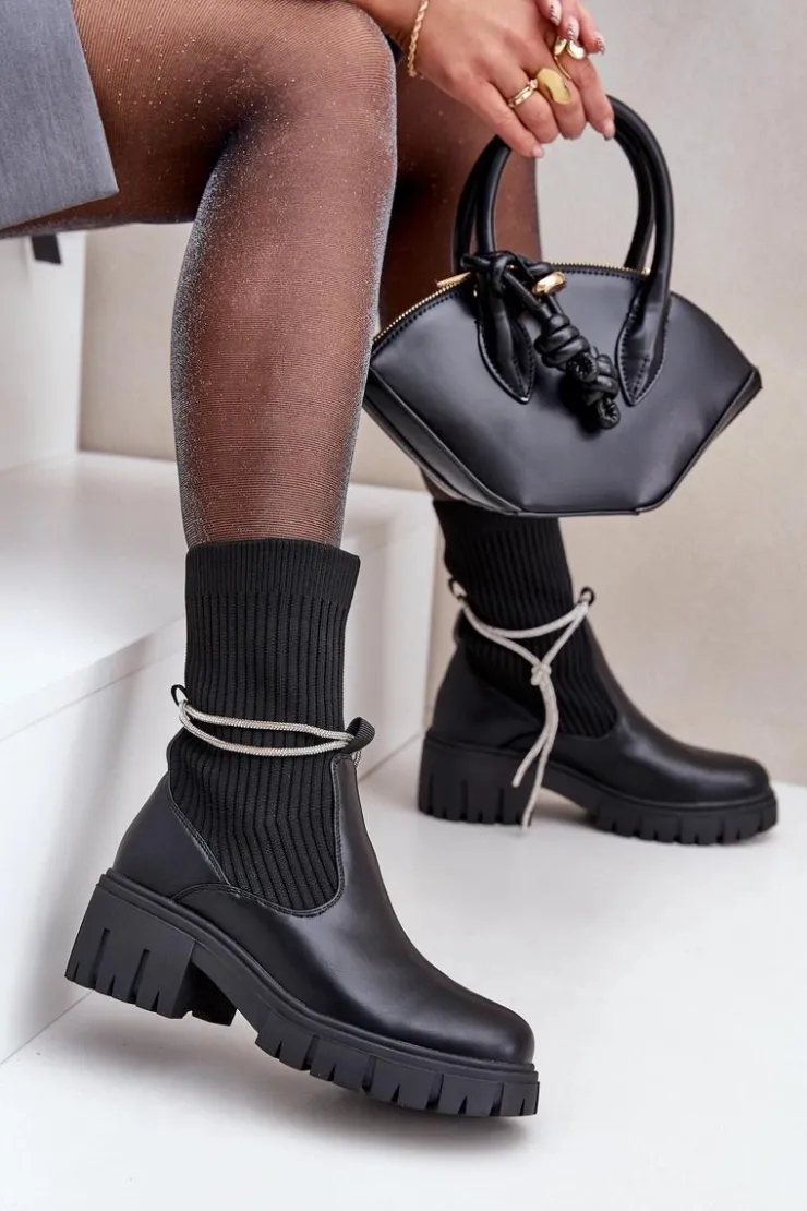 Damskie Boto Botki Ze Skarpetą I Błyszczącym Wiązaniem Czarne Dinarca