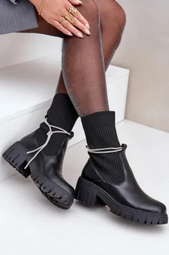 Damskie Boto Botki Ze Skarpetą I Błyszczącym Wiązaniem Czarne Dinarca