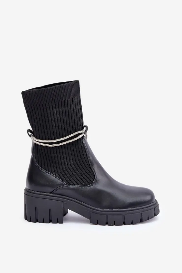 Damskie Boto Botki Ze Skarpetą I Błyszczącym Wiązaniem Czarne Dinarca