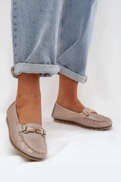 Damskie Damskie buty S.Barski Brokatowe Płaskie Mokasyny Ze Skóry Naturalnej D&A LR51-546 Złote