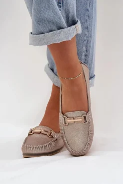 Damskie Damskie buty S.Barski Brokatowe Płaskie Mokasyny Ze Skóry Naturalnej D&A LR51-546 Złote