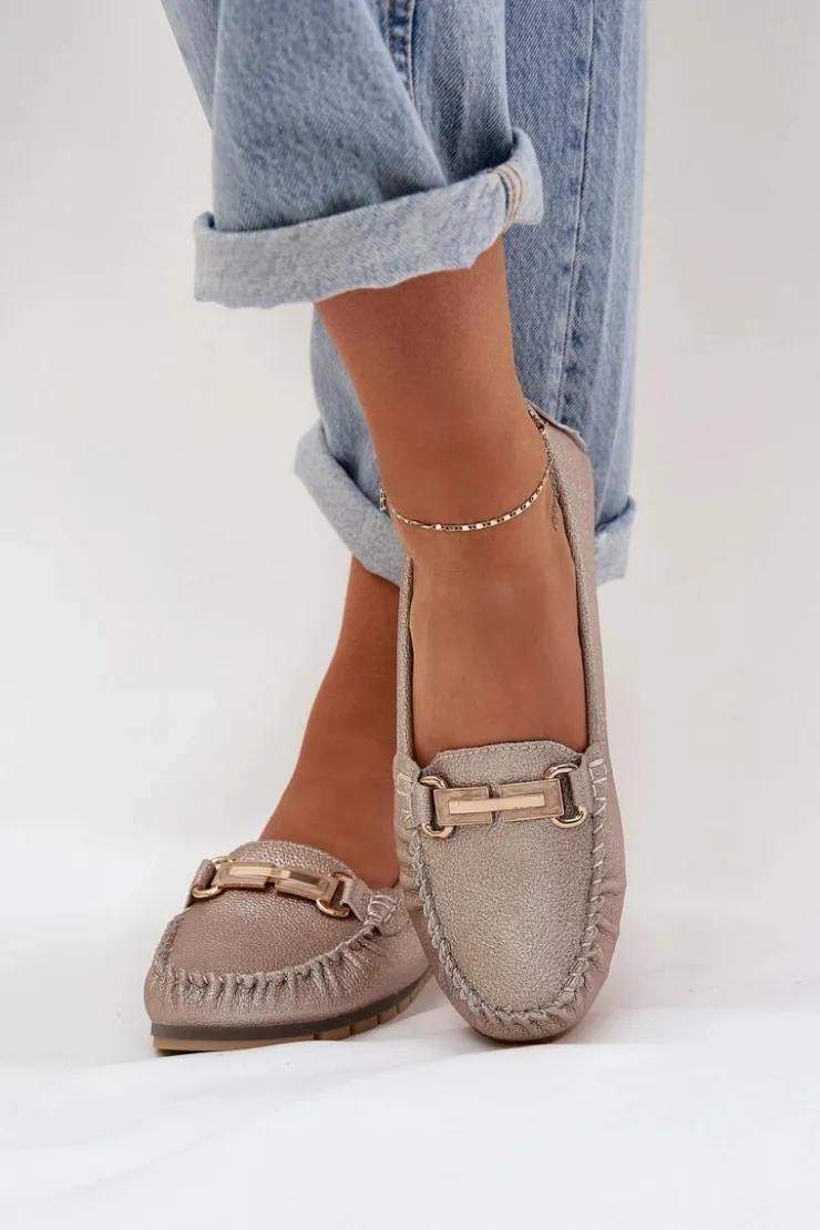 Damskie Damskie buty S.Barski Brokatowe Płaskie Mokasyny Ze Skóry Naturalnej D&A LR51-546 Złote