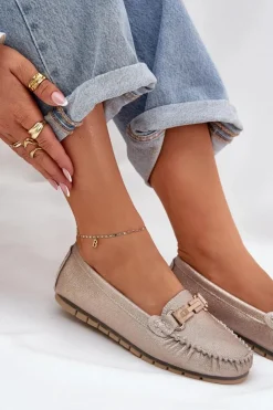 Damskie Damskie buty S.Barski Brokatowe Płaskie Mokasyny Ze Skóry Naturalnej D&A LR51-546 Złote