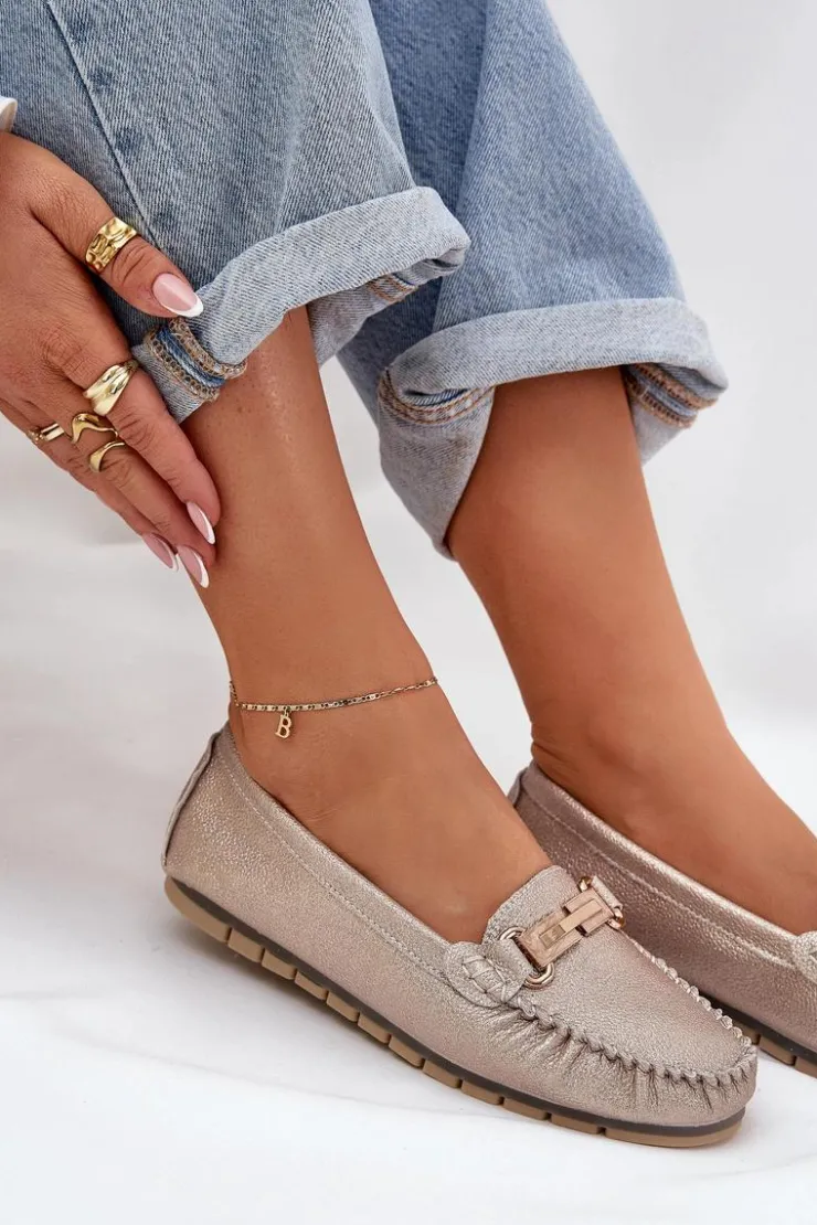 Damskie Damskie buty S.Barski Brokatowe Płaskie Mokasyny Ze Skóry Naturalnej D&A LR51-546 Złote