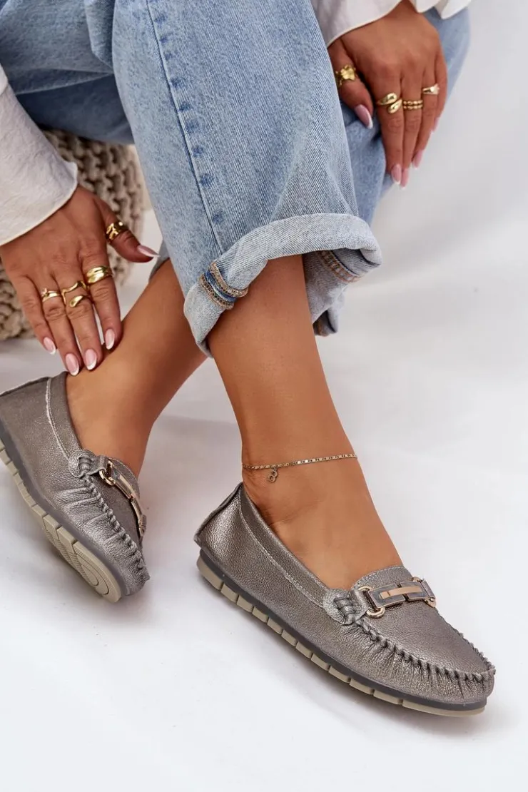 Damskie buty S.Barski Loafersy Damskie|Mokasyny Damskie Skórzane*Brokatowe Płaskie Mokasyny Ze Skóry Naturalnej D&A LR51-546 Srebrne Srebrny