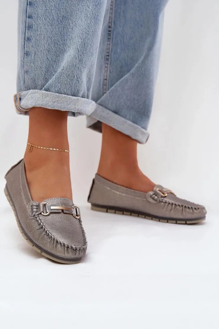 Damskie buty S.Barski Loafersy Damskie|Mokasyny Damskie Skórzane*Brokatowe Płaskie Mokasyny Ze Skóry Naturalnej D&A LR51-546 Srebrne Srebrny