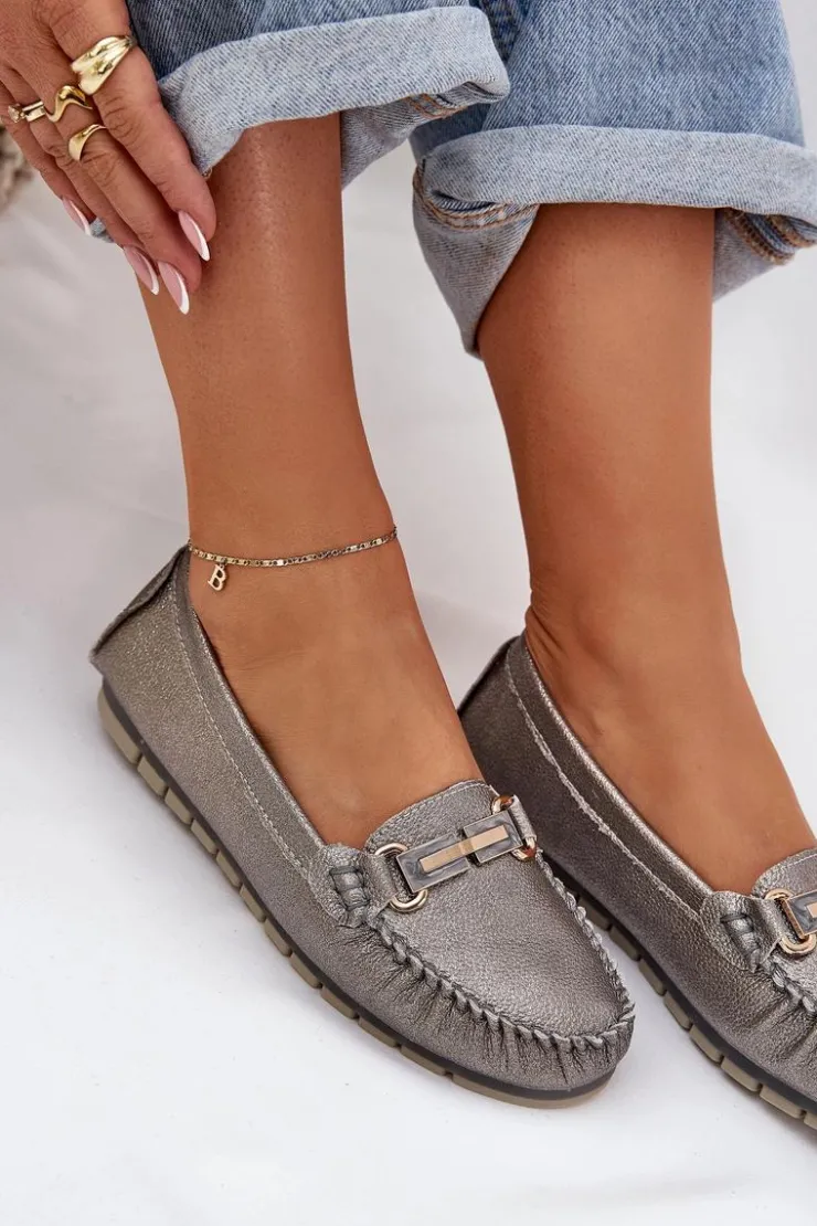 Damskie buty S.Barski Loafersy Damskie|Mokasyny Damskie Skórzane*Brokatowe Płaskie Mokasyny Ze Skóry Naturalnej D&A LR51-546 Srebrne Srebrny