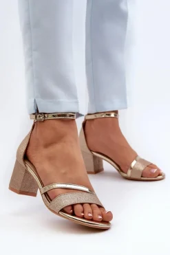 Buty damskie Vinceza Sandały Na Słupku|Sandały Na Obcasie*Brokatowe Sandały Damskie Na Niskim Słupku Złote Ploemis