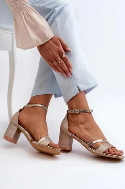 Buty damskie Vinceza Sandały Na Słupku|Sandały Na Obcasie*Brokatowe Sandały Damskie Na Niskim Słupku Złote Ploemis