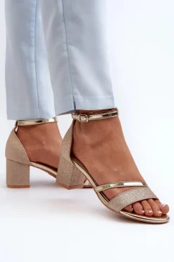 Buty damskie Vinceza Sandały Na Słupku|Sandały Na Obcasie*Brokatowe Sandały Damskie Na Niskim Słupku Złote Ploemis