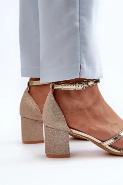 Buty damskie Vinceza Sandały Na Słupku|Sandały Na Obcasie*Brokatowe Sandały Damskie Na Niskim Słupku Złote Ploemis