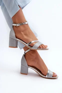 Buty damskie Vinceza Sandały Na Słupku|Sandały Na Obcasie*Brokatowe Sandały Damskie Na Niskim Słupku Srebrne Ploemis Srebrny