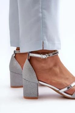 Buty damskie Vinceza Sandały Na Słupku|Sandały Na Obcasie*Brokatowe Sandały Damskie Na Niskim Słupku Srebrne Ploemis Srebrny