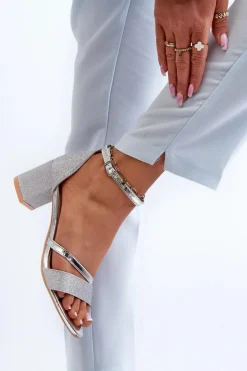 Buty damskie Vinceza Sandały Na Słupku|Sandały Na Obcasie*Brokatowe Sandały Damskie Na Niskim Słupku Srebrne Ploemis Srebrny