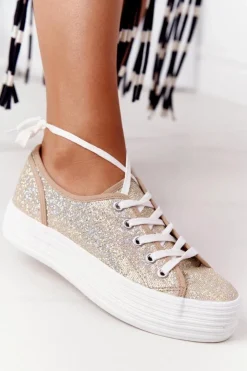 Hot Damskie buty S.Barski Brokatowe Tenisówki Na Platformie Złote Luna