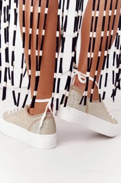 Hot Damskie buty S.Barski Brokatowe Tenisówki Na Platformie Złote Luna