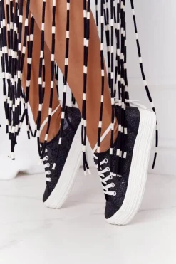 Damskie buty S.Barski Trampki Damskie Niskie*Brokatowe Tenisówki Na Platformie Czarne Luna