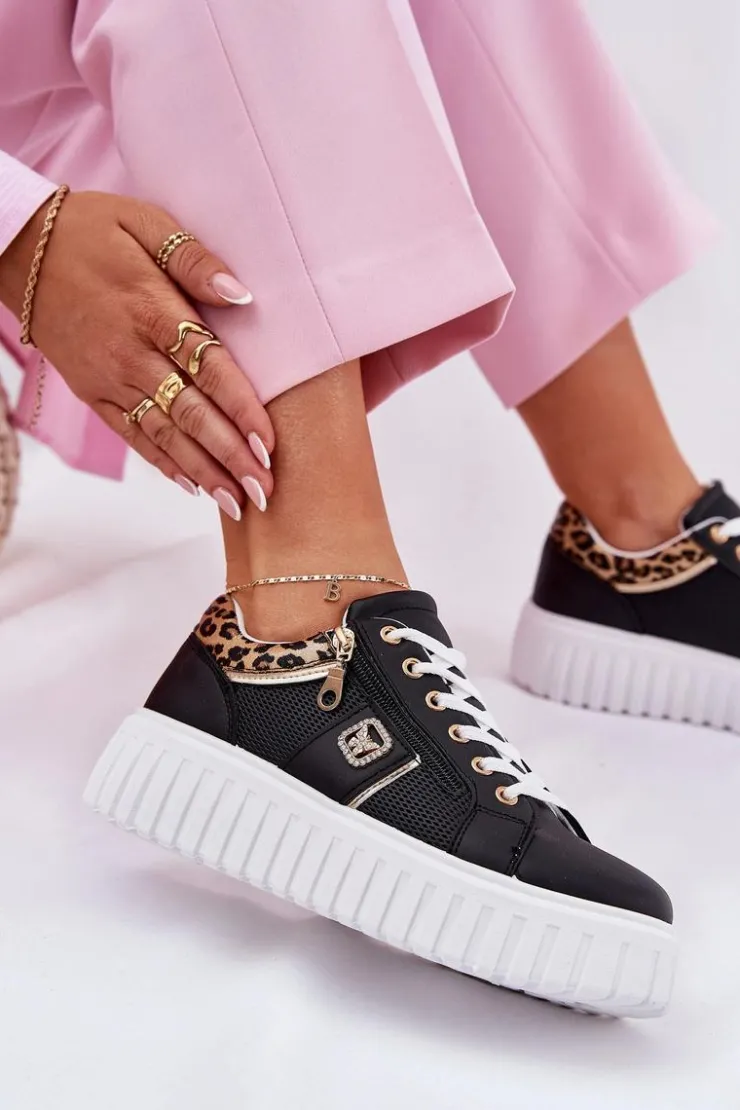 Damskie Boto Buty Sportowe Damskie Na Platformie Z Eko Skóry Panterka Czarne Velionna