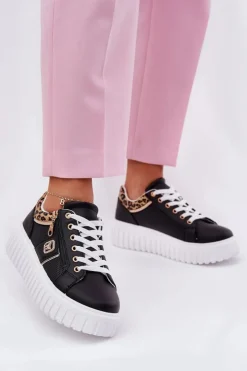 Damskie Boto Buty Sportowe Damskie Na Platformie Z Eko Skóry Panterka Czarne Velionna