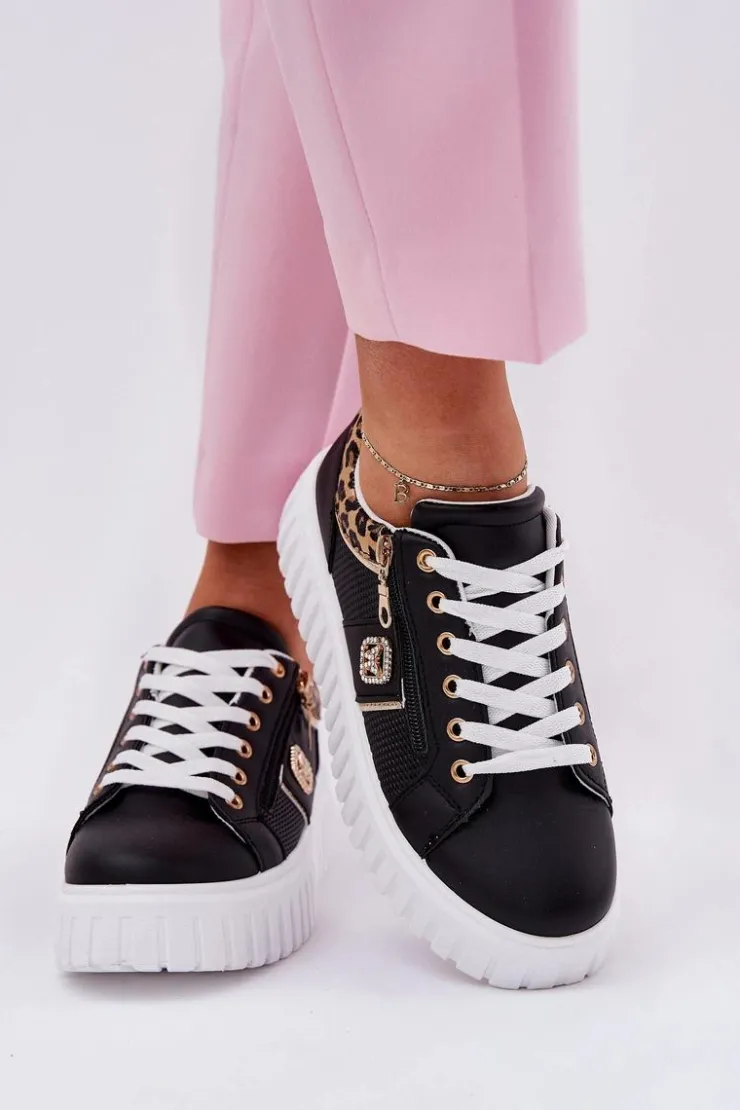 Damskie Boto Buty Sportowe Damskie Na Platformie Z Eko Skóry Panterka Czarne Velionna