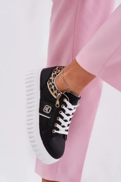 Damskie Boto Buty Sportowe Damskie Na Platformie Z Eko Skóry Panterka Czarne Velionna