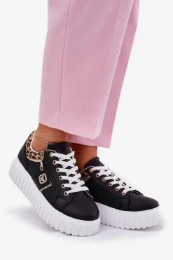 Damskie Boto Buty Sportowe Damskie Na Platformie Z Eko Skóry Panterka Czarne Velionna