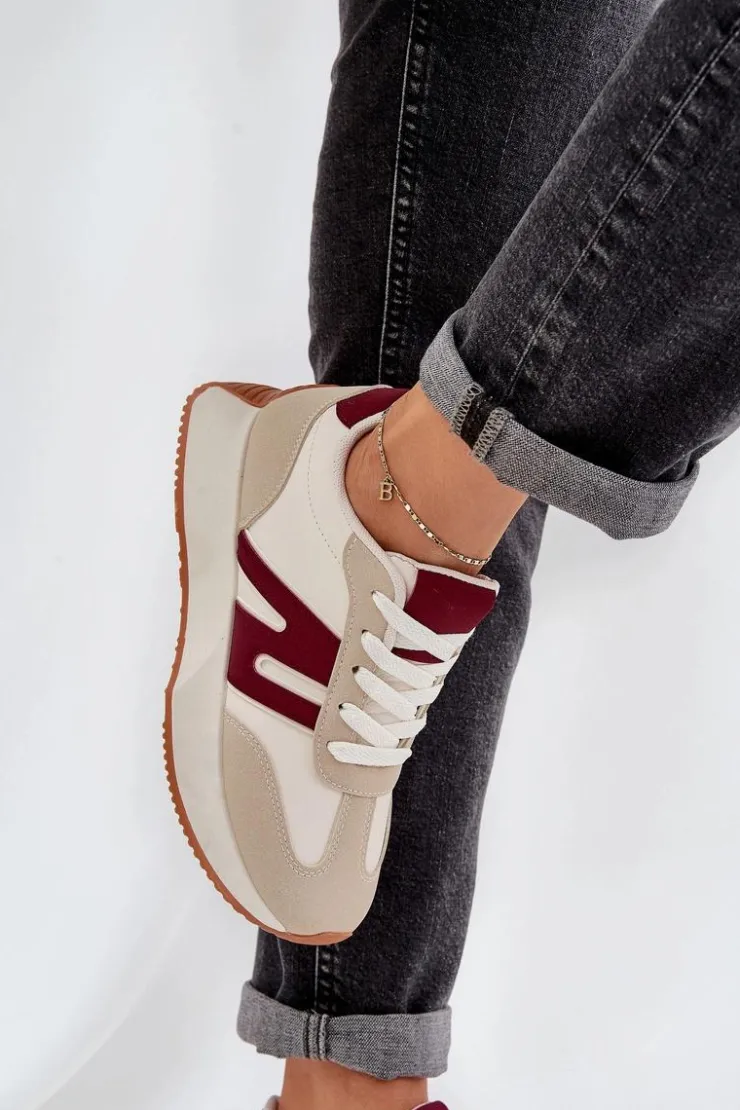 Damskie Boto Buty Sportowe Damskie Na Platformie Beżowo-Bordowe Emidi